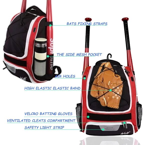 Youth Baseball Bag - Bat Backpack for Baseball, T-Ball & Softball Equipment & Ge - Picture 4 of 7